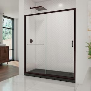 34 in. L x 60 in. W x 76 3/4 in. H Alcove Shower Kit with Sliding Semi-Frameless Shower Door in Bronze and LB Shower Pan