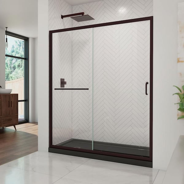 DreamLine 34 in. L x 60 in. W x 76 3/4 in. H Alcove Shower Kit with Sliding Semi-Frameless Shower Door in Bronze and LB Shower Pan