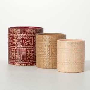 5 in., 5.5 in. and 6.25 in. Multicolor Aztec Tribal Pattern Ceramic Pot (Set of 3)