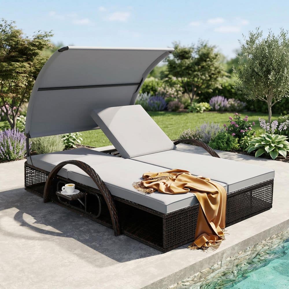 Metal Outdoor Recliner Patio Double Lounge Chair with Adjustable Backrest, Hidden Side Table and Gray Cushions for Deck price history on PriceWatchPro