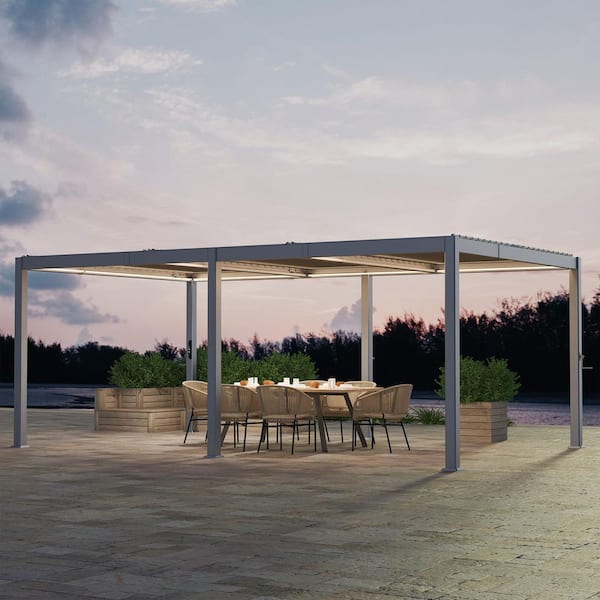 JOYESERY 12 ft. x 20 ft. Modern All-Aluminum Pergola with Detachable Control Panel LED and Hand Crank Louvers, Grey