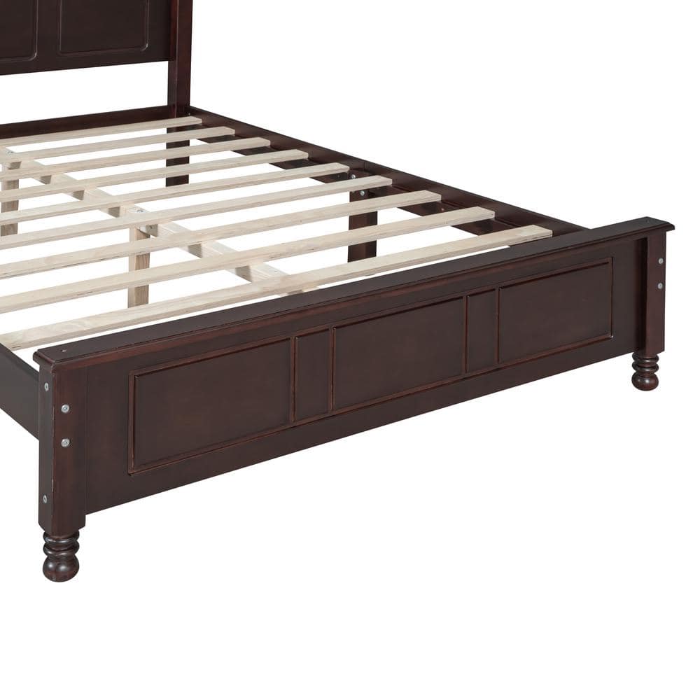 Full Size Dark Walnut Pine Wood Platform Bed with Headboard