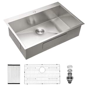 33 in. Single Bowl Stainless Steel Sink Topmount Workstation kitchen Sink 16-Gauge with Bottom Grid and Basket Strainer