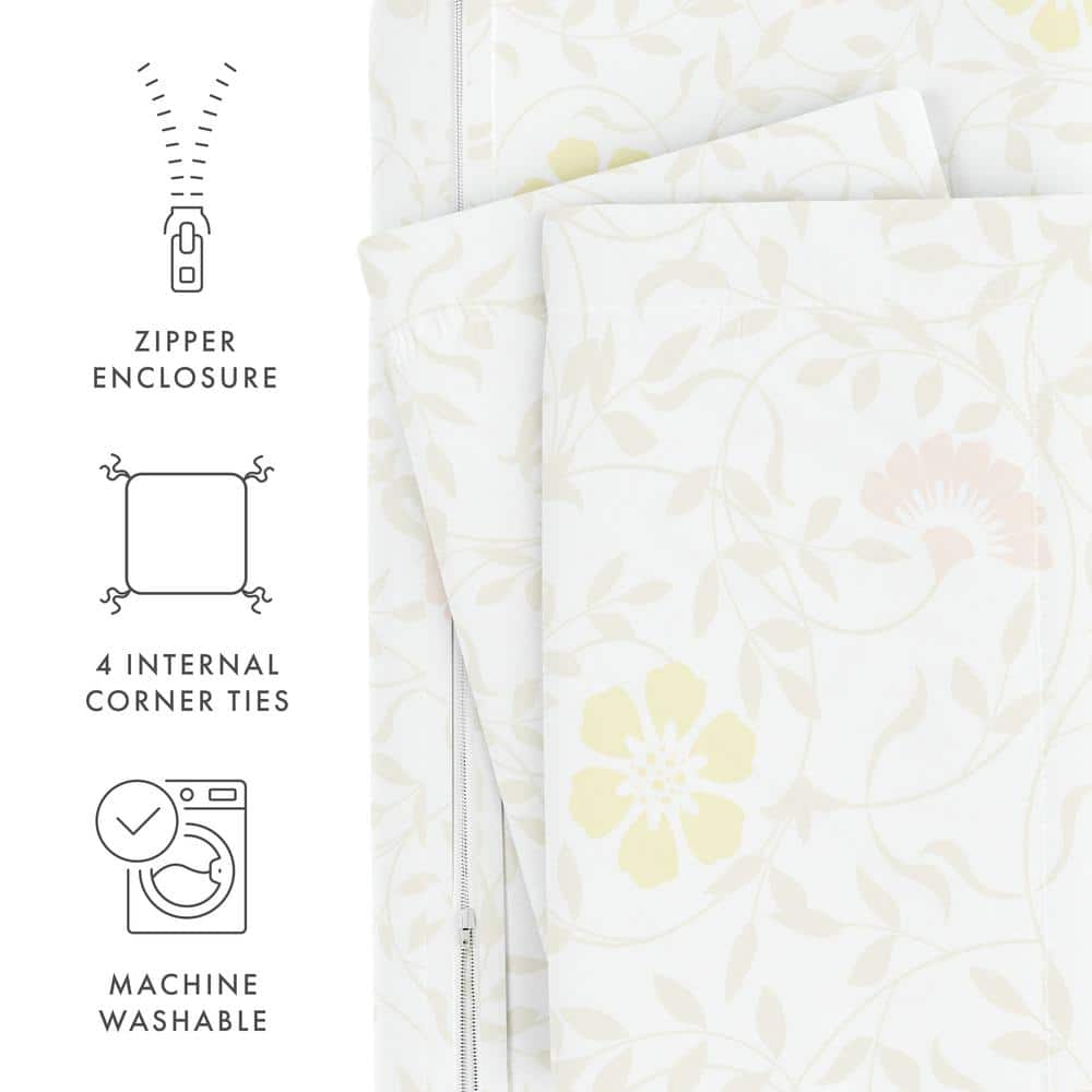 White Floral Microfiber Queen Duvet Cover Set with Shams
