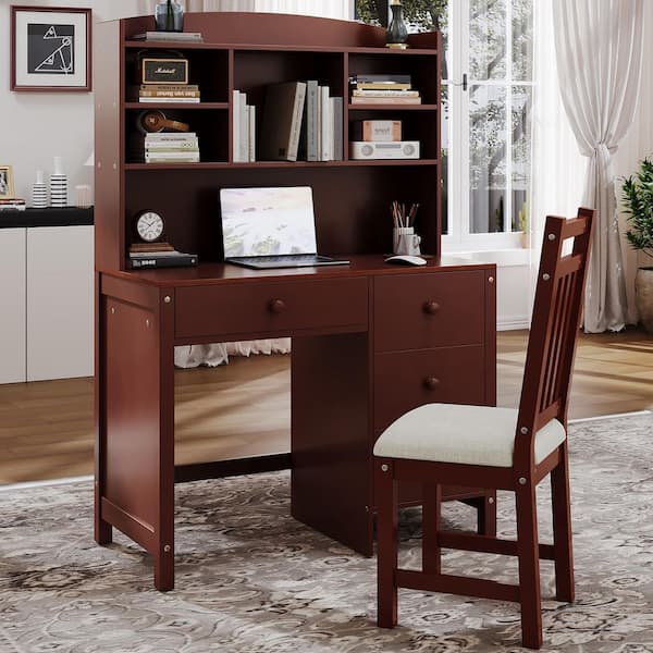 40 in. Rectangular Espresso Brown Wood 4-Drawer Computer Desk with Upholstered Chair and Bookshelf