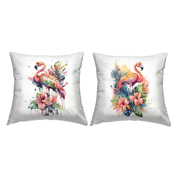Floral Modern Flamingos Pink Square Outdoor Throw Pillow 2-Pack
