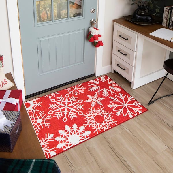 Area Rug Indoor Carpet Winter Christmas Snowflake Red Ripple Home Decor  Soft Rugs Collection Comfy Floor Mat Retro Gray Back White Shadow Accent  Rugs