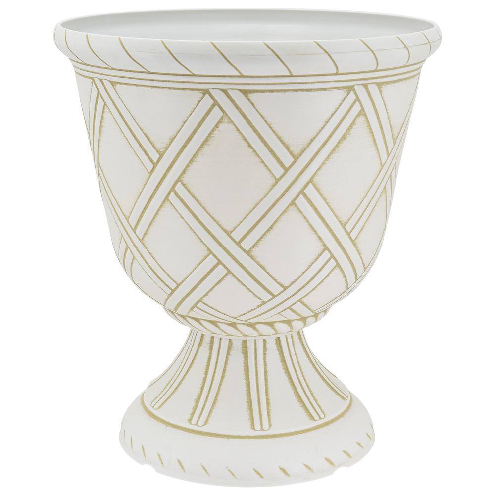 Lattice 14" White and Beige Plastic Garden Urn Planter
