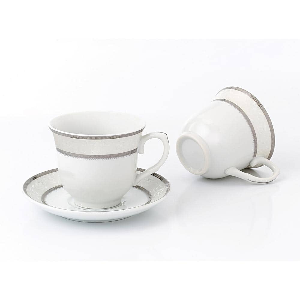 Elegant Silver Porcelain Tea-Coffee Cups and Saucers Set, 8 oz, Set of 4