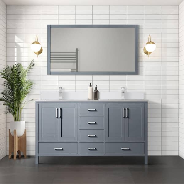 Lexora Jacques 60 in. W x 22 in. D Dark Grey Double Bath Vanity, White Quartz Top, Faucet Set, and 58 in. Mirror