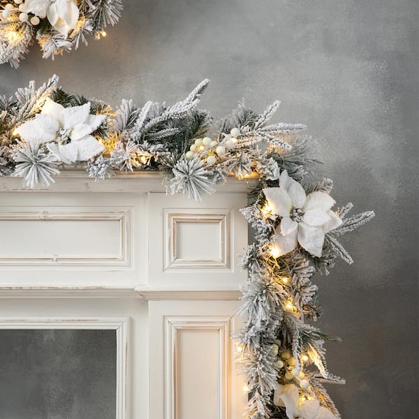 Glitzhome 6 ft. L PreLit Flocked Greenery Pine White Poinsettia Christmas Garland with 50 Warm White Lights with Timer Set of 2 2014600178 The Home Depot