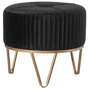 Black Small Round Velvet Ottoman Stool Raised with Hairpin Gold Base, Papasan Chair