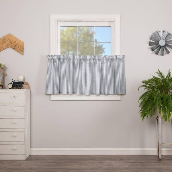 VHC BRANDS Sawyer Mill Ticking Stripe 36 in. W x 24 in. L Light Filtering Tier Window Panel in Denim Blue Soft White Pair