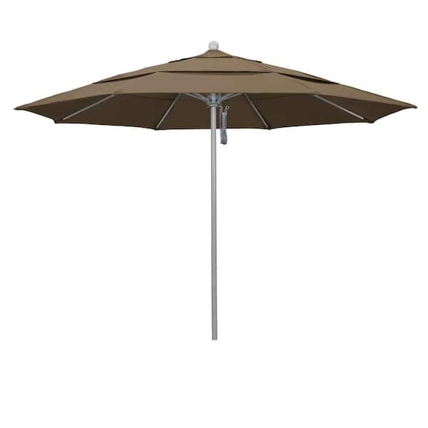 California Umbrella 11 ft. Gray Woodgrain Aluminum Commercial Market Patio Umbrella Fiberglass Ribs and Pulley Lift in Cocoa Sunbrella