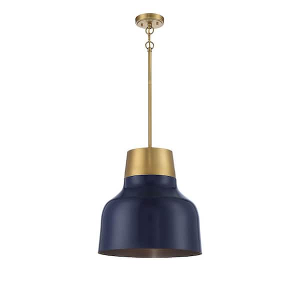 TUXEDO PARK LIGHTING 17 in. W x 18 in. H 1-Light Navy Blue and Natural Brass Standard Pendant Light with Navy Blue Metal Shade