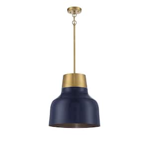17 in. W x 18 in. H 1-Light Navy Blue and Natural Brass Standard Pendant Light with Navy Blue Metal Shade