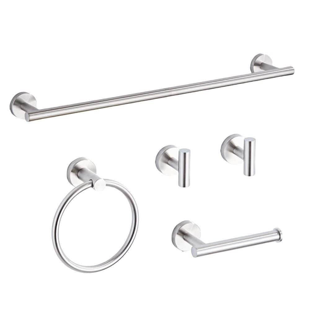 5-Piece Stainless Steel Bathroom Hardware Set with Towel Racks for Bathroom, 24 in. Wall Mounted Towel Bar Kit, Nickel