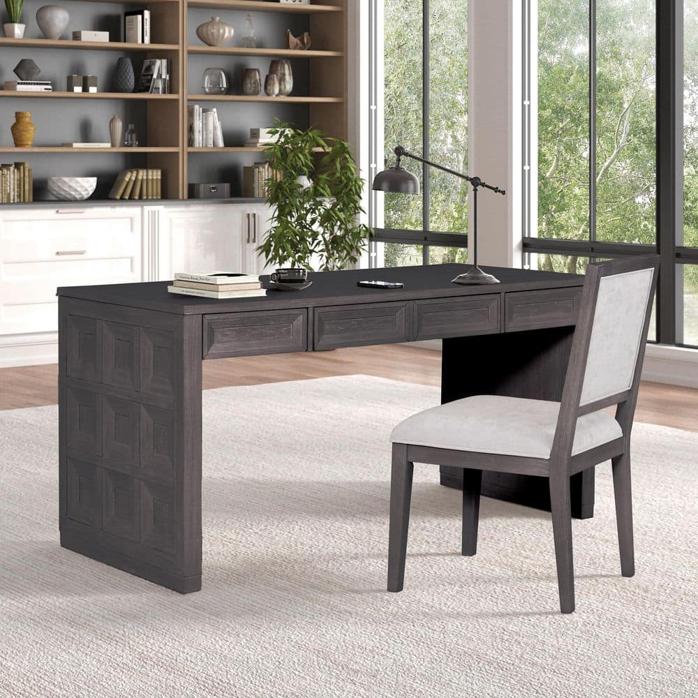 Flonnin 60 in. Rectangle Weathered Black Wood 3-Drawer Desk with Keyboard Tray