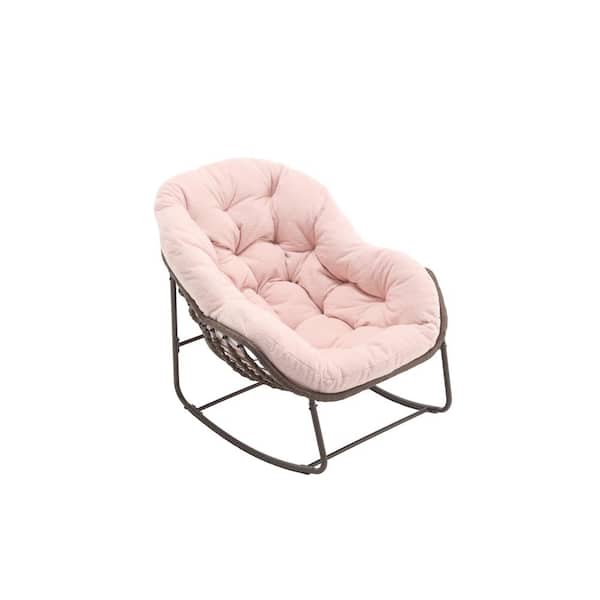 HOMEFUN Deluxe Oversized Wicker Rattan Padded Steel Frame Outdoor Rocking Chair with Pink Teddy Cushion