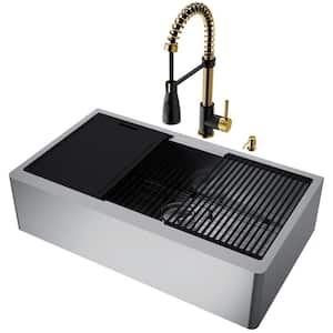 Oxford Stainless Steel 36 in. Single Bowl Farmhouse Workstation Kitchen Sink with Faucet in Black/Gold and Accessories