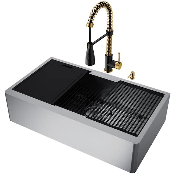 VIGO Oxford 36 in. 16 Gauge Stainless Steel Single Bowl Workstation Undermount Farmhouse Sink with Faucet and Accessories