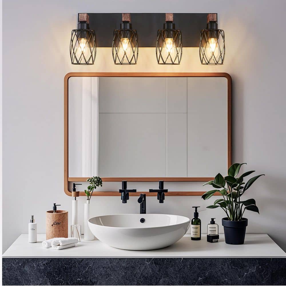 FEKZO 24 in. 4-Light Black Vanity Light with Wooden Accents and