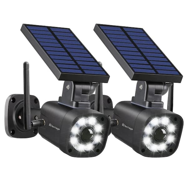 Lukyamzn Solar Powered, Fake Security Camera, Motion-Activated Floodlights, IP66 Waterproof in Black Finish, (2-Pack)