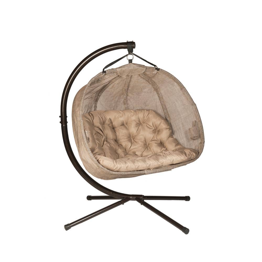 Bark Brown Hanging Pumpkin Chair with Cushions and Stand