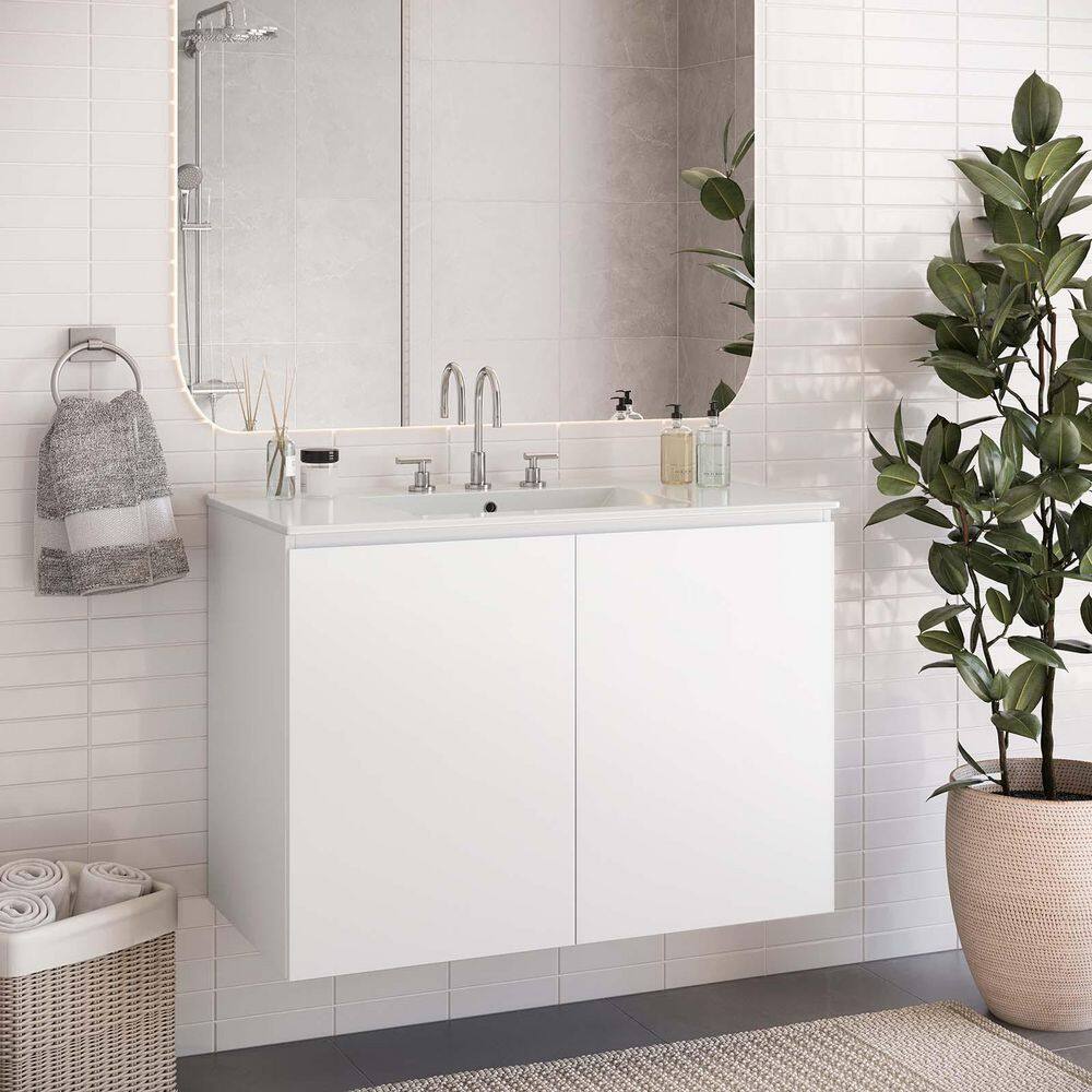 Bryn 36" White Ceramic Wall-Mount Bathroom Vanity