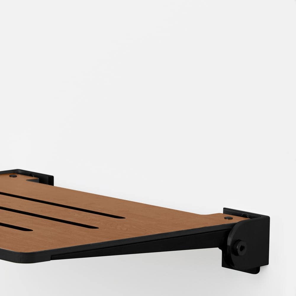 Rustic Teak Folding Wall Mount Shower Bench Seat with Matte Black Frame