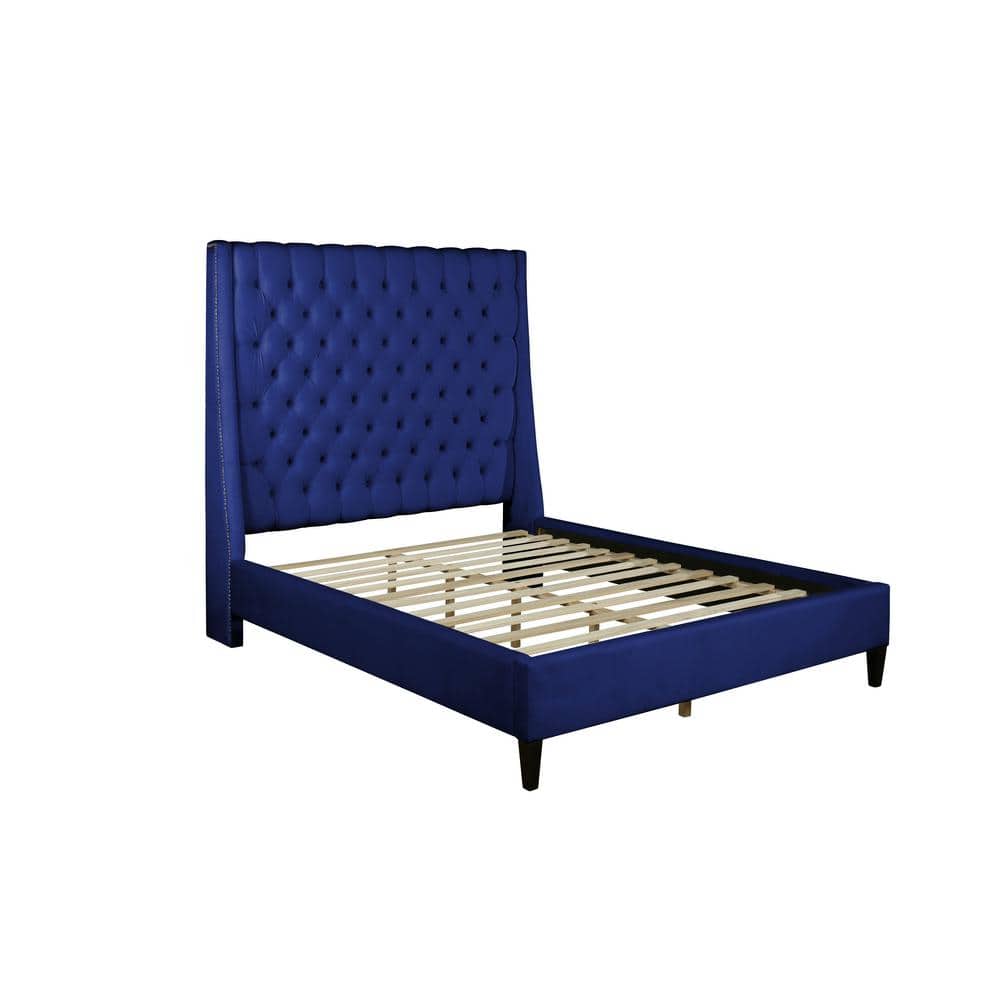 Elegant Navy Blue Velvet Queen Platform Bed with Nailhead Trim