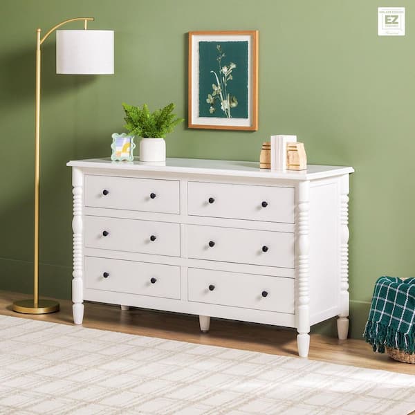 Walker Edison Furniture Company Modern Farmhouse Easy Assembly White 6-Drawer 54 in. Solid Wood Spinde-Detailing Dresser