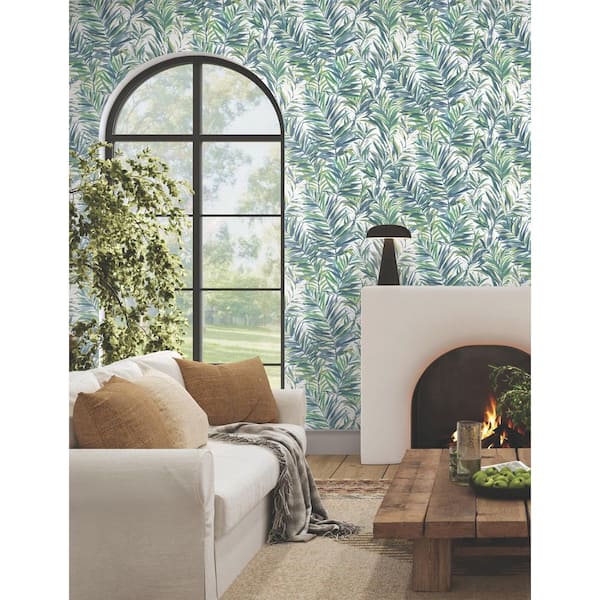 Blue Swaying Palms Green and Blue Non-Pasted Non-Woven Matte Wallpaper