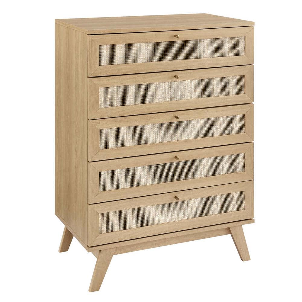 Soma Oak 5-Drawer Chest with Rattan Weave and Splayed Legs