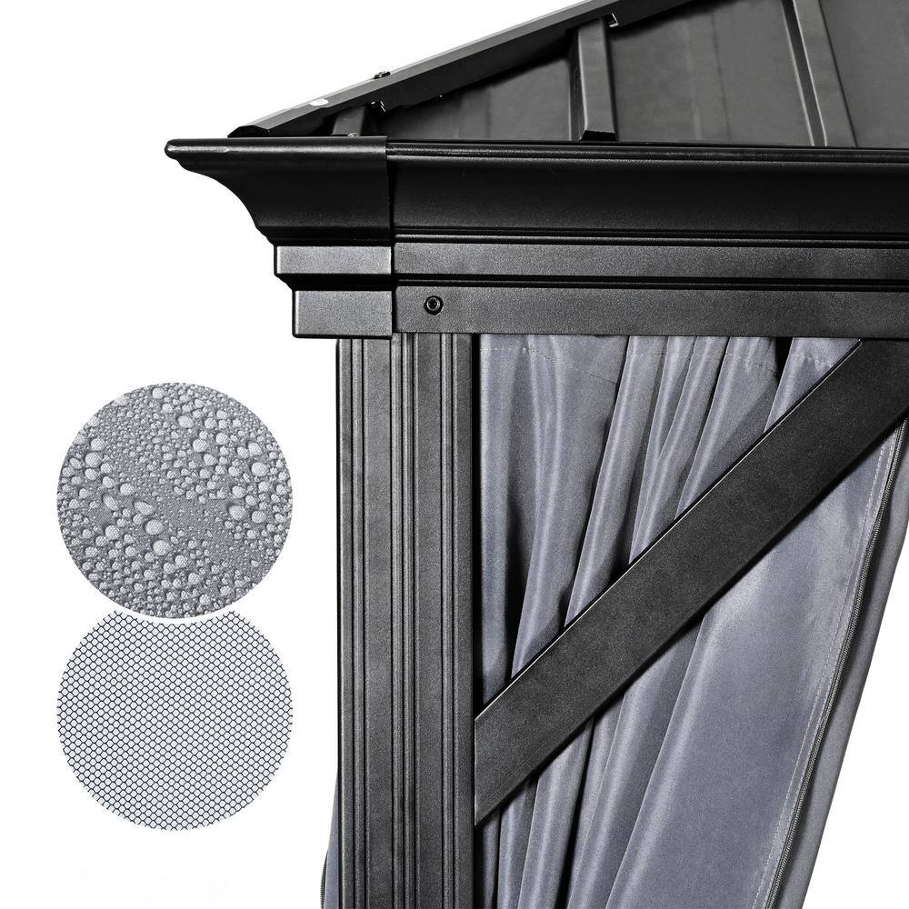 12 ft x 16 ft Black Aluminum Patio Gazebo with Gray Curtains