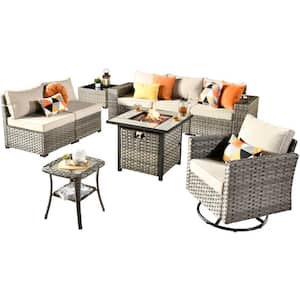 Tahoe Grey 9-Piece Wicker Outdoor Patio Fire Pit Conversation Sofa Set with a Swivel Rocking Chair and Beige Cushions