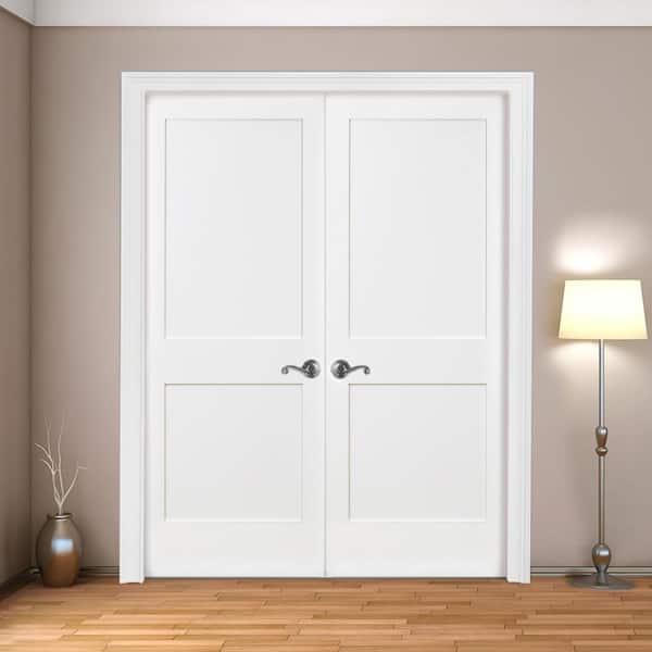 60 in. x 80 in. Universal 2-Panel Square Shaker Primed Fiberglass Double Prehung Interior Door with Bronze Hinges