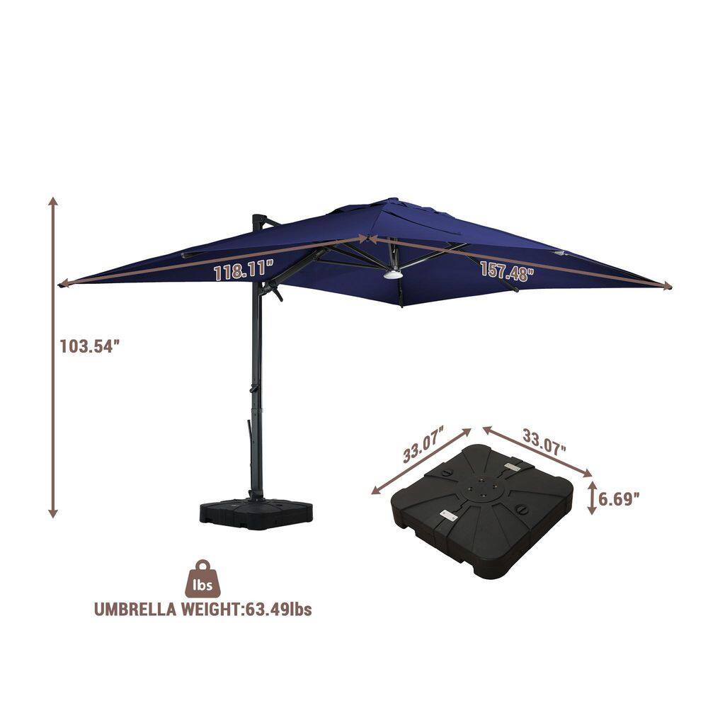 Navy Blue Aluminum Cantilever Patio Umbrella with LED Light and Stand