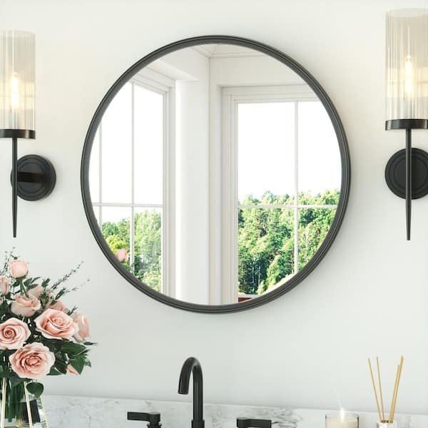 KeonJinn 24 in. W x 24 in. H Round Metal Framed Modern Wall Mounted Bathroom Vanity Mirror Wall Mirror in Black