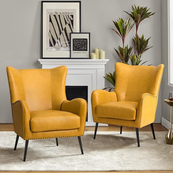 JAYDEN CREATION Harpocrates Modern Yellow Wooden Upholstered Nailhead Trims Armchair With Metal Legs Set of 2