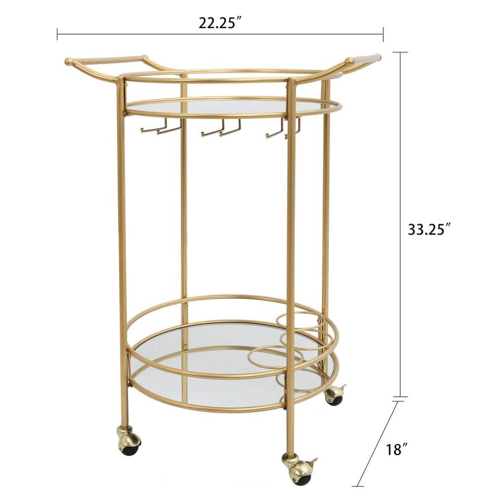 Gold Round Bar Cart with Glass Shelves and Wine Rack