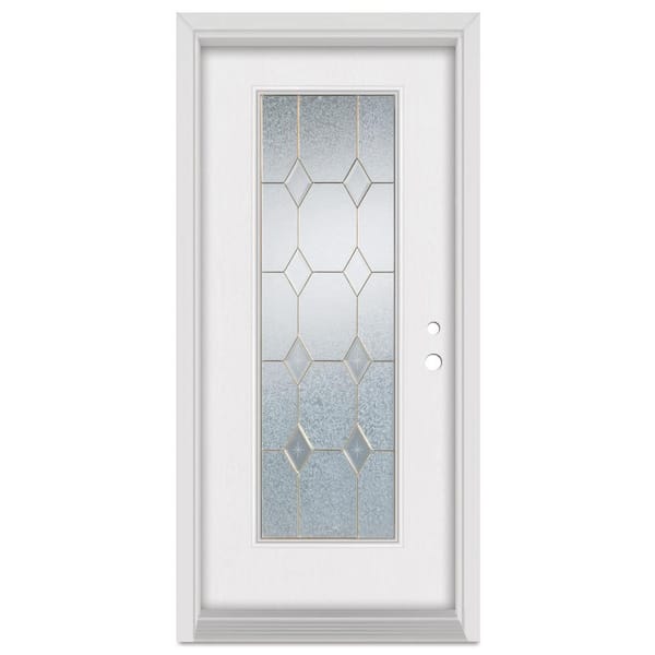 32 in. x 80 in. Geometric Left-Hand Brass Finished Fiberglass Mahogany Woodgrain Prehung Front Door