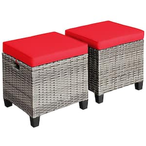 Wicker Outdoor Ottoman with Red Cushion (2-Pack)