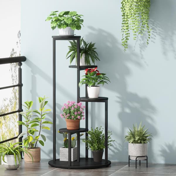 Wellston 40.94 in. H Black Round Wood Corner Plant Stand Indoor, 5 Tier Potted Ladder Holder Flower Rack