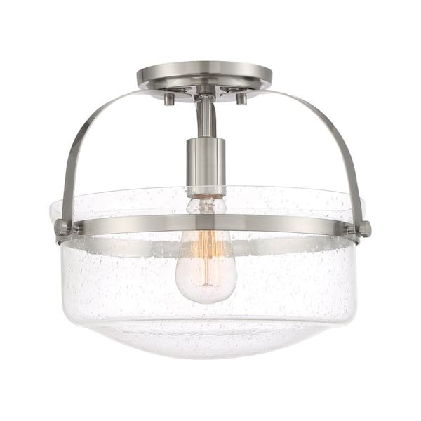 Designers Fountain Jaxon 13.25 in. 1-Light Brushed Nickel Industrial Entryway Semi-Flush Mount with Clear Seedy Glass Shade