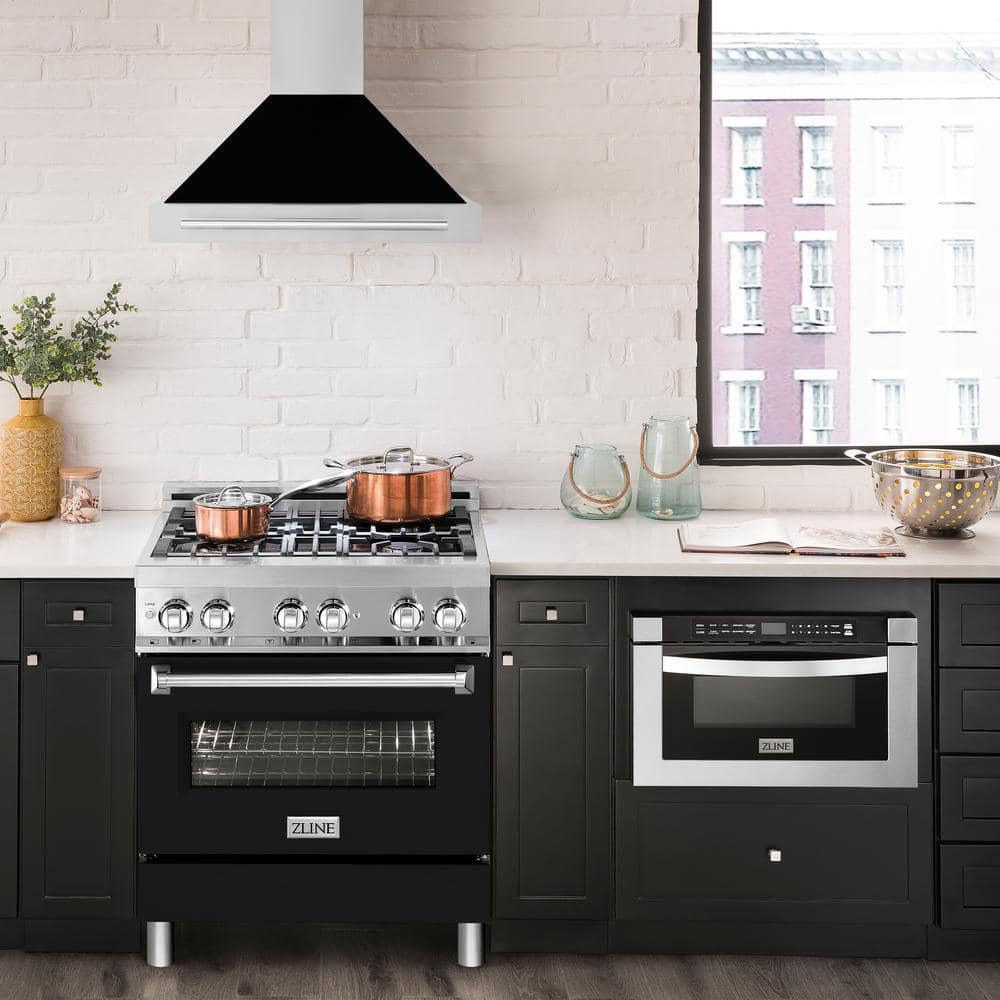30" Stainless Steel and Black Matte Wall Mounted Range Hood
