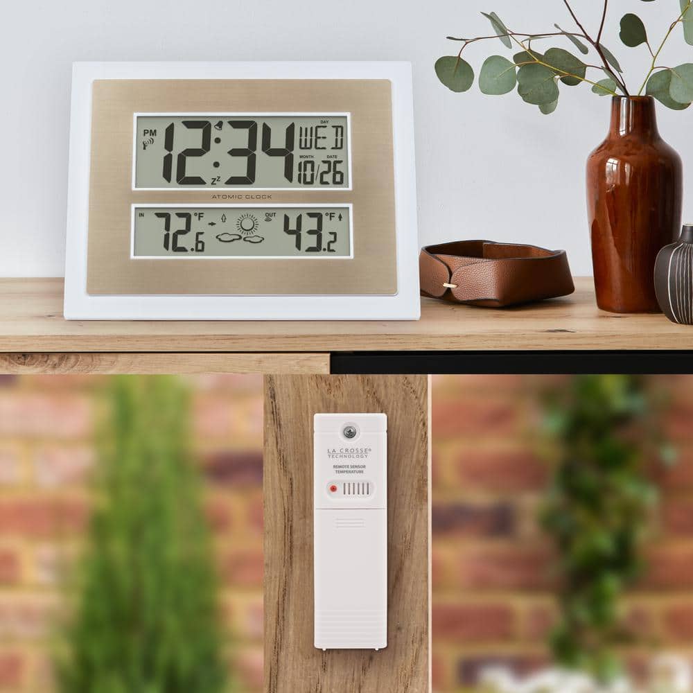 White and Champagne Atomic Digital Wall Clock with Temperature Display