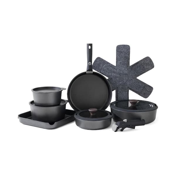 17 Piece Nonstick Aluminum Cookware Set with Removable Handle, Pots and Pans Set, Dishwasher and Oven Safe, Black
