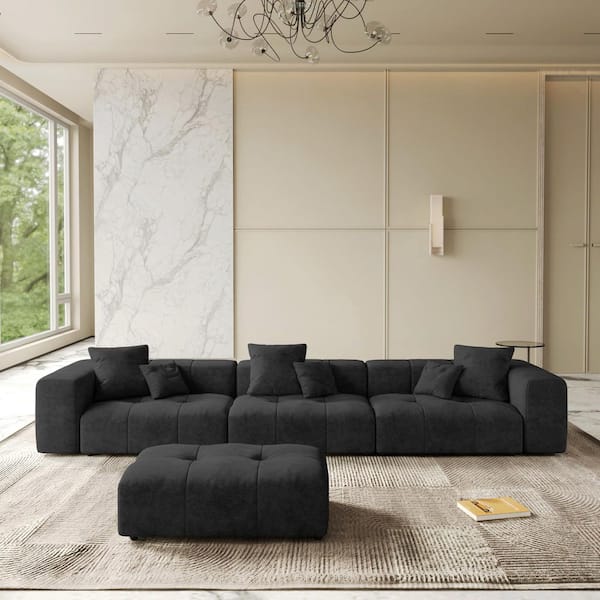 144 in. Oversized Square Arm Linen L-Shaped Modular Sectional Sofa 3-Seater with Ottoman in. Black