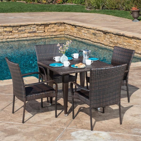 Noble House Delani Multi Brown 5 Piece Wicker Outdoor Dining Set 10 The Home Depot